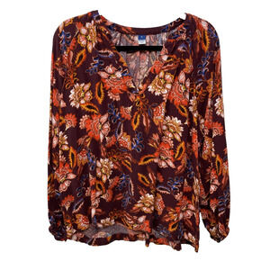 Old‎ Navy Top Women Multi Floral Split Neck Blouse Peasant Dark Fairy Cottage XL